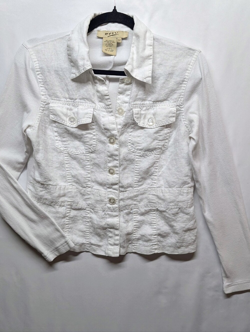 ecru White Button-Front Linen Jacket Cotton Sleeves